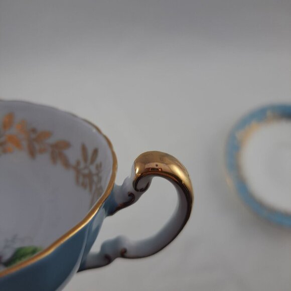 Aynsley Bone China Blue Gold Tea Cup Saucer Set Floral Interior Vintage - Picture 16 of 16